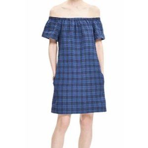 Madewell blue plaid flannel linen blend off shoulder shift dress 12 MSRP 128